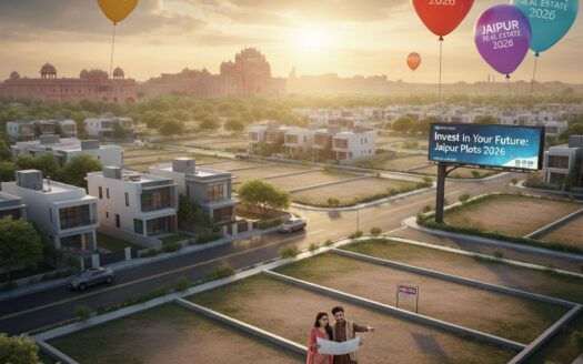 Modern real estate development in Jaipur with tall pink sandstone residential buildings, an arched flyover, and a billboard reading "New Jaipur" (नया जोइापर) against a sunset, symbolizing future growth.