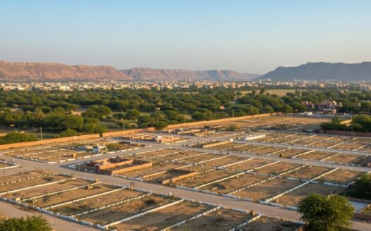 Residential plots in a developing area of Jaipur, showing demarcated land, roads, and distant Aravalli hills.