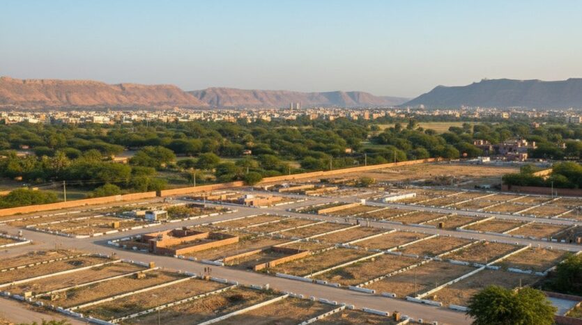 Residential plots in a developing area of Jaipur, showing demarcated land, roads, and distant Aravalli hills.